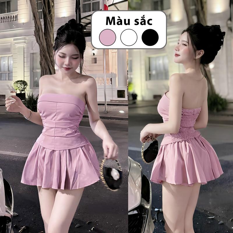 Set ống cúp ngực có mút kiểu lưng bo nhún kèm chân váy xòe xếp ly. Top Thun Áo Nữ Women Kem Polo Ong