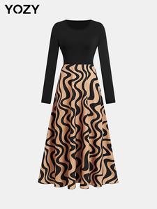 YOZY Women's Patchwork All Over Geometric Print Long Sleeve Dress, Elegant Round Neck A Line Dress for Party Holiday Wedding Guest, Ladies Clothes for All Seasons