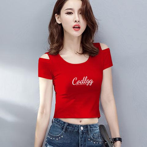 Áo Phông Tay Ngắn, Mỏng Vừa Vặn, Thiết Kế Hoa Cúc Nhỏ Trễ Vai Bộ Sưu Tập Người, Dành Cho Phụ Nữ, Cạp Cao, Dài Đến Rốn, Cổ Tròn, Phong Cách Ngôi Sao, Bộ Sưu Tập Mùa Hè 2025, Áo Trên, [Người Sưu Tập 8147 3