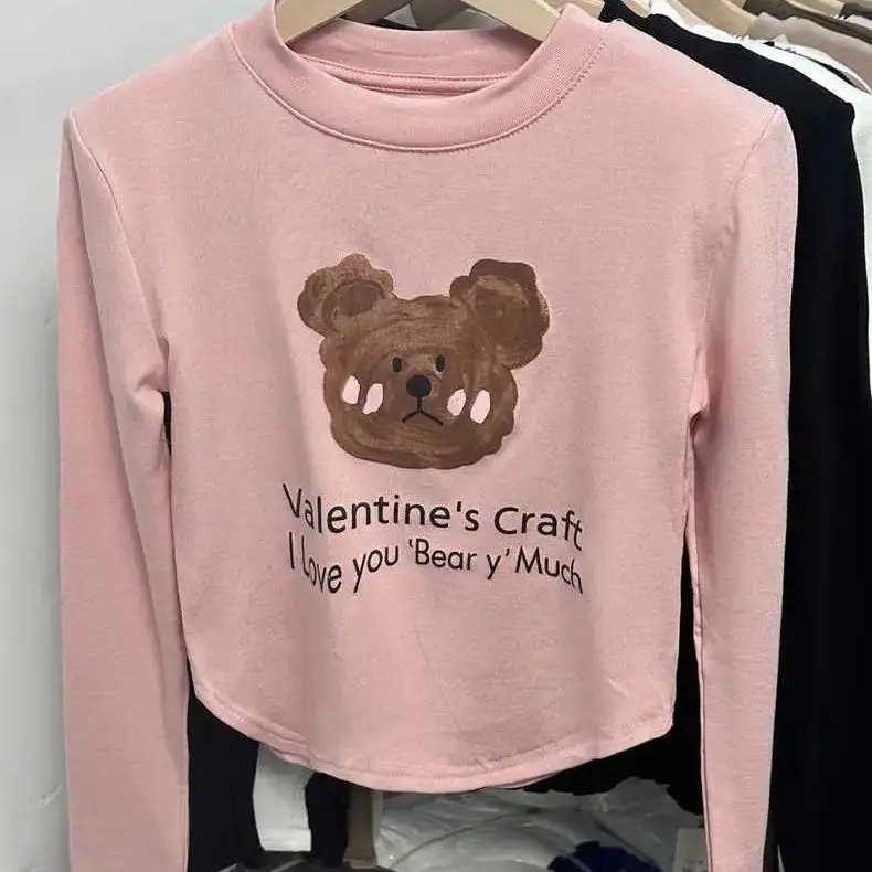 Áo Lớp Nền Cotton Nguyên Chất, Phong Cách Hàn Quốc, Phong Cách Phương Tây, Phổ Biến, In Hình Gấu, Thích Hợp Cho Bé Gái, Áo Phông Lớp Nền 5