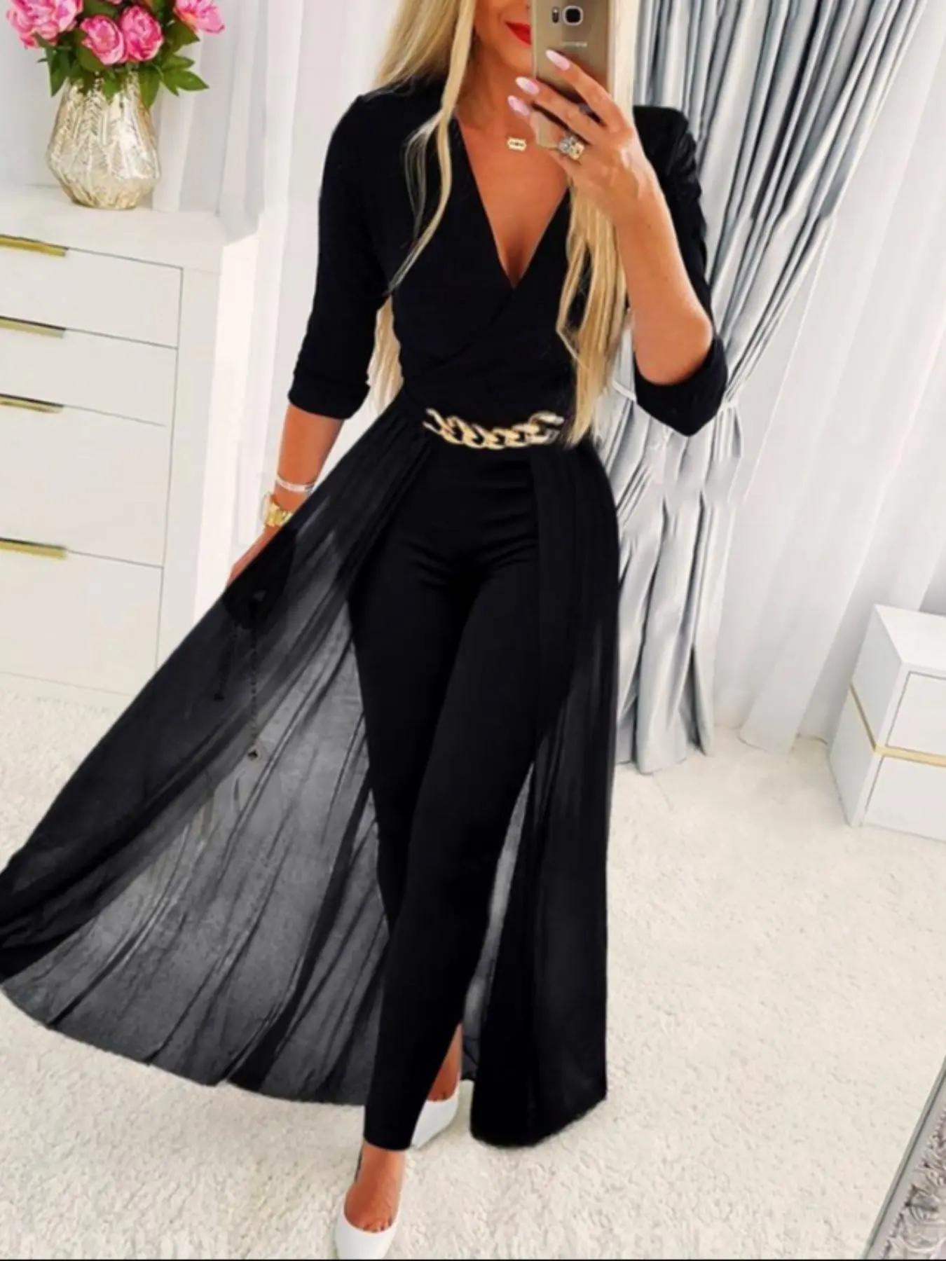 Women's Plain Chain Decor Long Sleeve Jumpsuit, Elegant Fashion Casual V-neck Jumpsuit for Party Club Dating Wear, Ladies Clothes for All Seasons