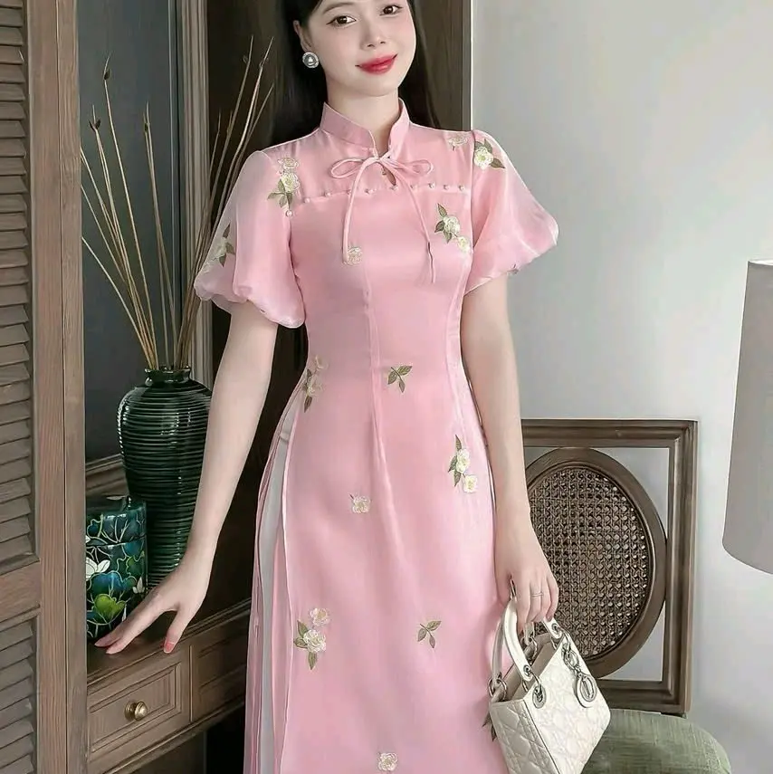 SÉT ÁO DÀI 2 LỚP VOAN ÁNH KIM THÊU KÈM TÀ TRONG LỤA& QUẦN PHI LỤA