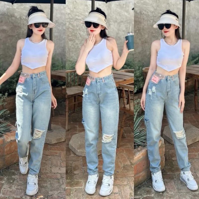 [mẫu mới] Quần jeans nữ, dáng baggy lưng cao phối kiểu đẹp, chất jean cotton mềm Women Pants