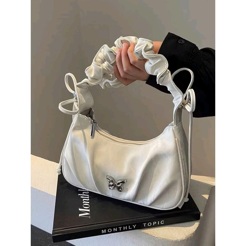   Deal Độc Quyền  Túi Xách Nữ Đeo Vai Quai Rúm Đính Phụ Kiện Xinh Sắn Bag Kem Da Nhung CUN888 