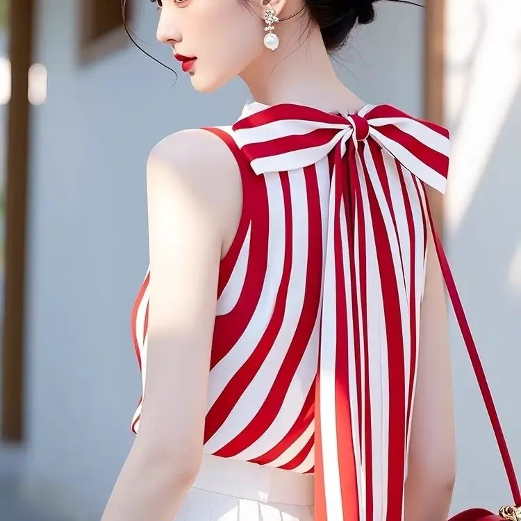 Áo sơ mi không tay sọc đỏ sang trọng của Hàn Quốc Áo quấn nơ đẹp sang trọng thời trang mùa hè của phụ nữ Top Women Umi
