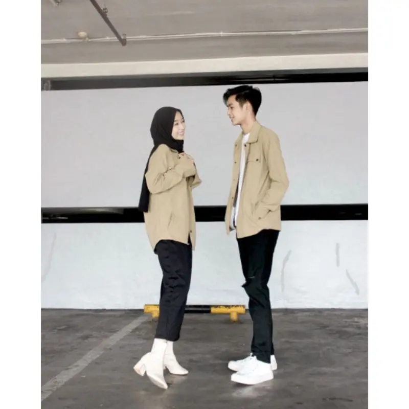 Kemeja Outer Top Couple / Baju Pasangan / Set Korean Styles /Kemeja Pasangan lembut semi Polos Parka  Tebal Canvas Regular wanita l viola silver Celana Sarimbit
