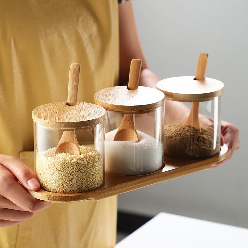 ASHOME TEMPAT BUMBU SET ISI 3 PCS - TEMPAT GULA GARAM MERICA 3 JAR - TOPLES BUMBU MURAH TIGA JAR BAHAN KACA - SEASONING JAR SET - TOPLES BUMBU TAHAN PANAS ELEGANT MEWAH DENGAN KOMBINASI KA 0