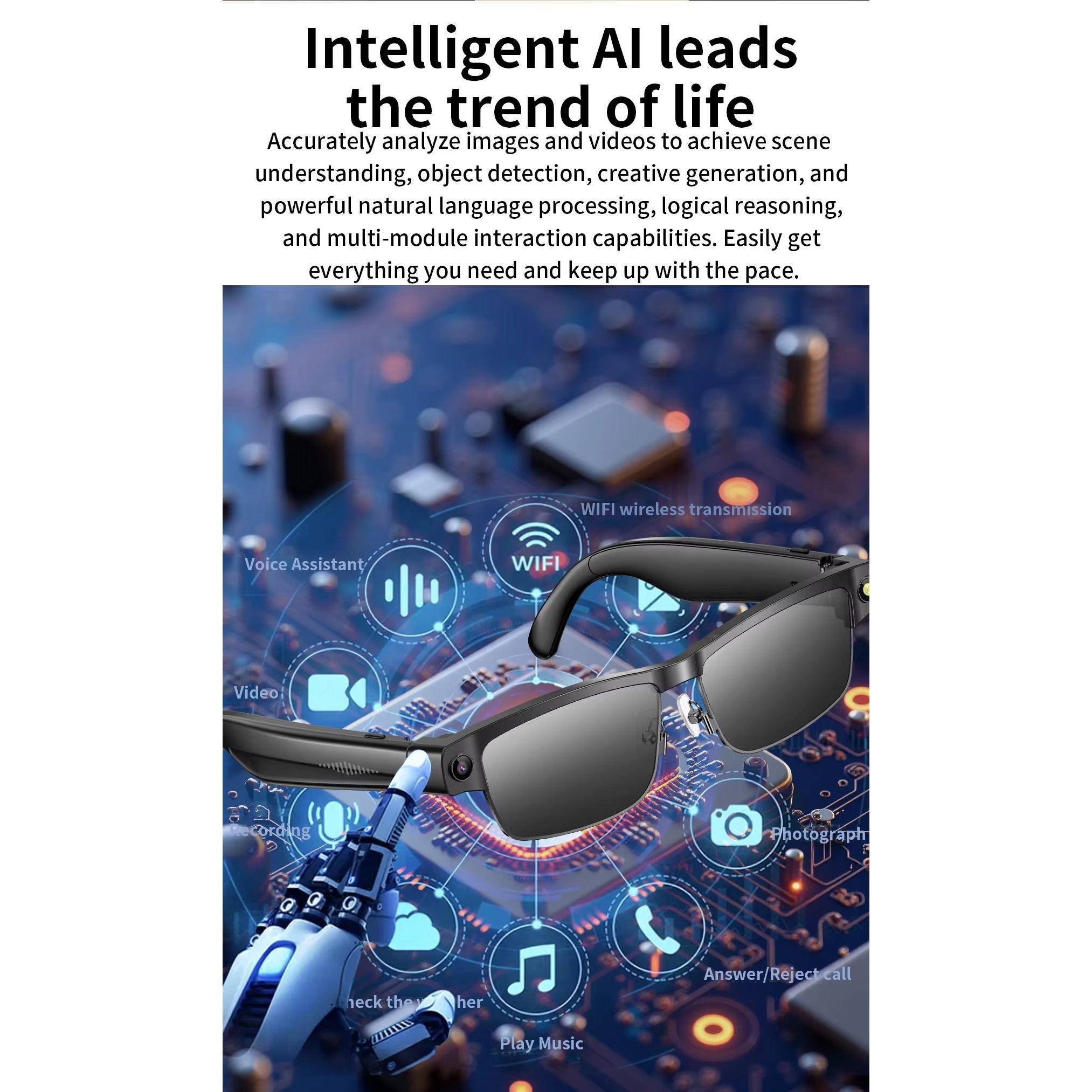 Camera Smart Glasses Photo Video Record BT Call Music Playback Smart Glasses Al Object Recognition Voice Assistant Sunglasses