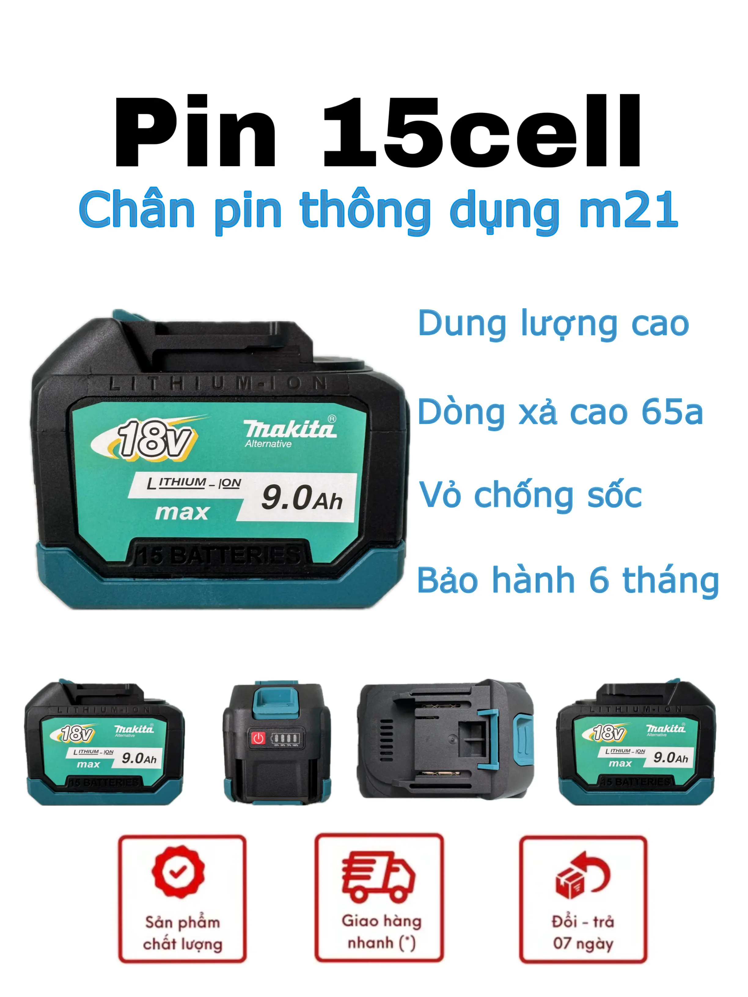 [ HÀNG CAO CẤP ] Pin 15cell đóng chân pin phổ thông cao cấp dung lượng cao xả cao chuyên dùng cho máy mài máy khoan bê tông bảo hành 6 tháng
