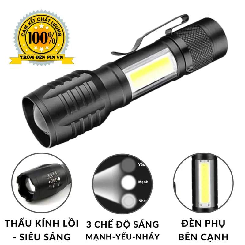 ĐÈN PIN CẦM TAY MINI T2, THIẾT KẾ THÂN HỢP KIM NHÔM NHỎ GỌN 10CM - 3 CHẾ ĐỘ SÁNG CÓ ZOOM XA GẦN - SẠC USB SIÊU TIỆN. 1
