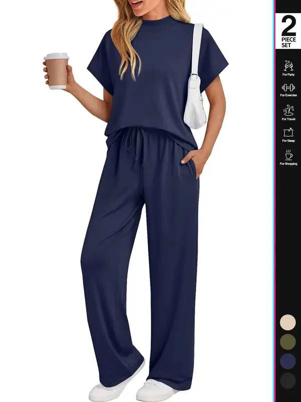 Women's Solid Color Shortsleeve Top & Pants Loungewear Two-Piece Set, Casual Comfy Short Sleeve Tee & Trousers Pajama Set, Ladies Sleepwear for Summer, Womenswear, Pjs 4