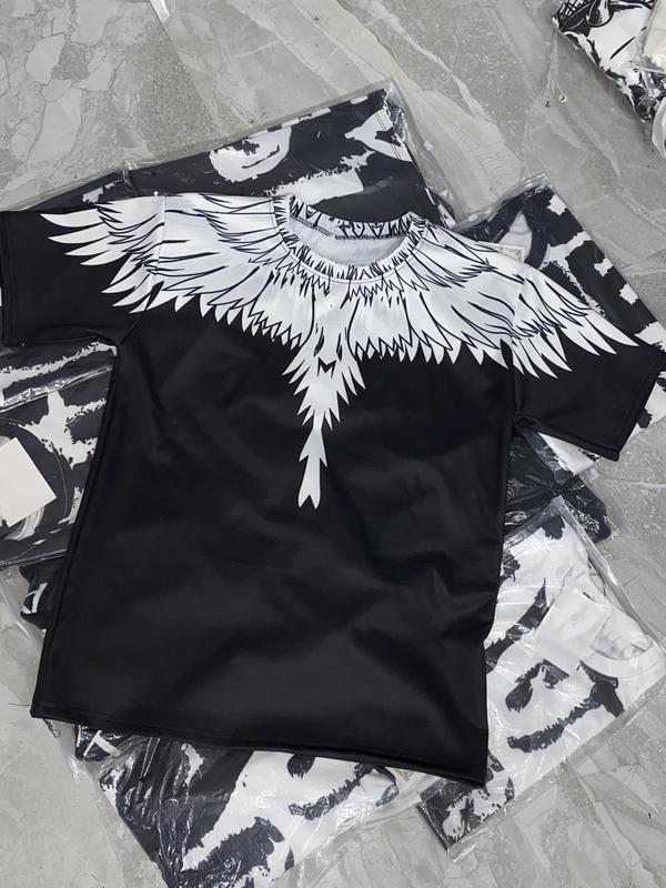 Áo Phông Nam Nữ In Hình Đôi Cánh Đại bàng Trắng Tràn Cổ Hai Mặt, Áo Cánh Chim trắng in chuyển nhiệt thời trang mùa hè 2023 Menswear Top Cổ Tròn Áo Thun
