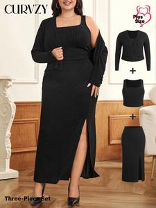 CURVZY Plus Size Three-Piece Set Solid Split Thigh Skirt & Button Front Cardigan & Tank Top Set, Casual Breathable Ribbed Outfits for Women, Women's Clothes for Spring & Fall
