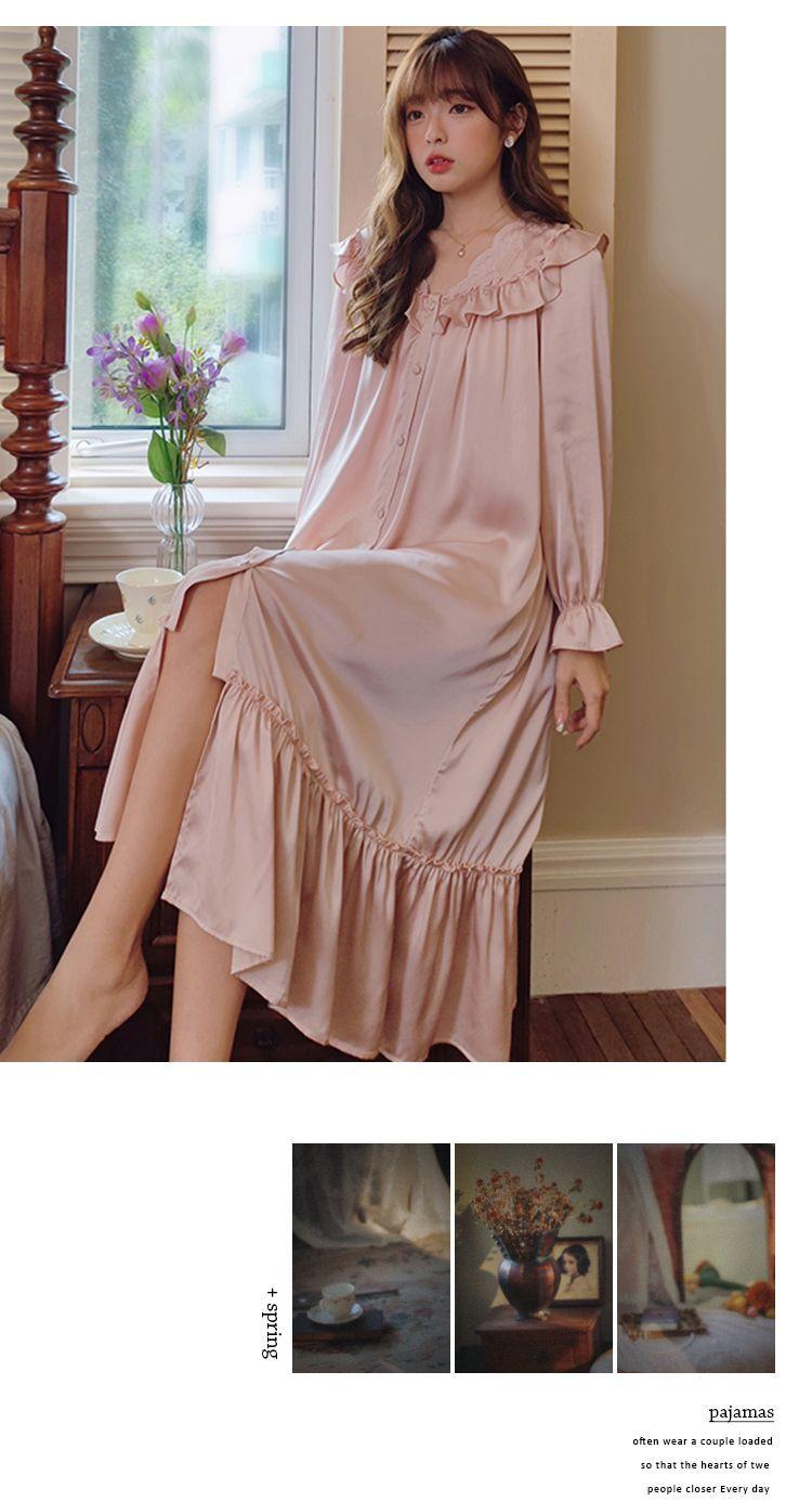 Product Introduction of Váy Ngủ Dài Tay Satin Kiểu Pháp, Bộ Sưu Tập Mới Mùa Mùa Xuân Và Mùa Thu, Phong Cách Tòa Án Cổ Điển Cho Nữ, Chất Liệu Lụa Lạnh Dài, Đồ Ngủ Ngoài Trời Cao Cấp Women Đầm Ngủ Dress 6