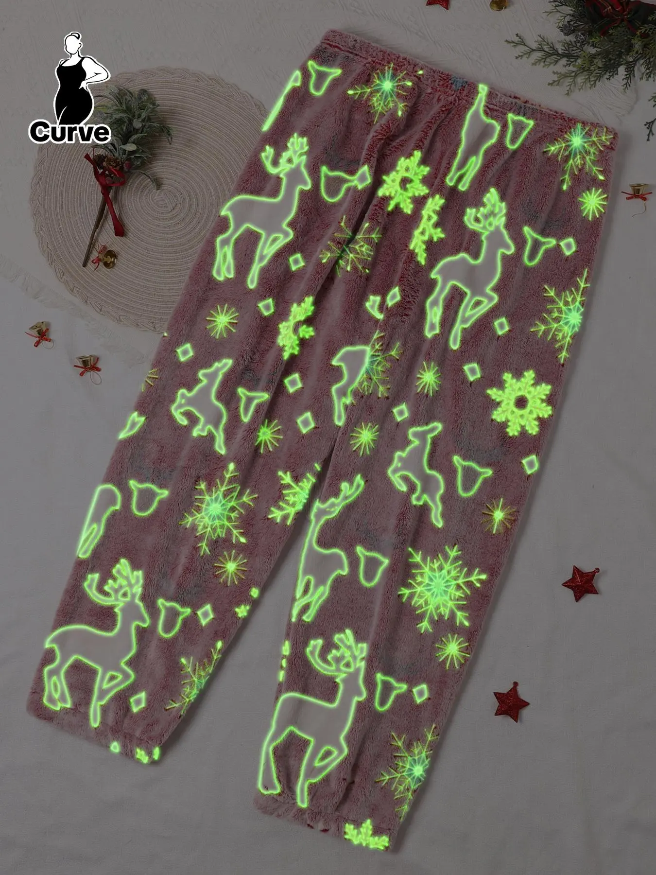 【Plus Size】 Glow in The Dark Elastic Waist Sleep Pants, Fluffy Pajamas, Halloween Reflective Pumpkin & Ghost Print Pyjamas for Women, Halloween Pajamas, Casual Comfy Lounge Pants for Women, Women's Sleepwear for Fall & Winter