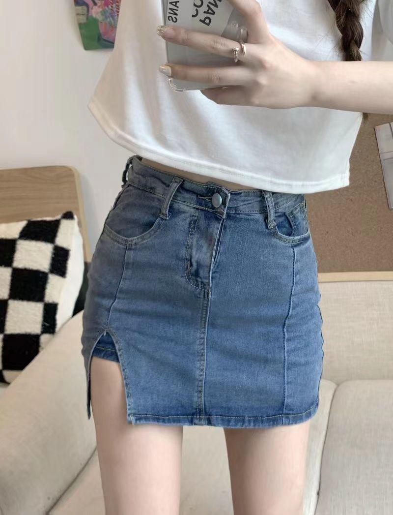 Product Introduction of Stretch Korean Style Denim Skirt Women's High Waist Anti-Exposure A- line Miniskirt and Divided Skirt Split Hip Skirt Summer 12