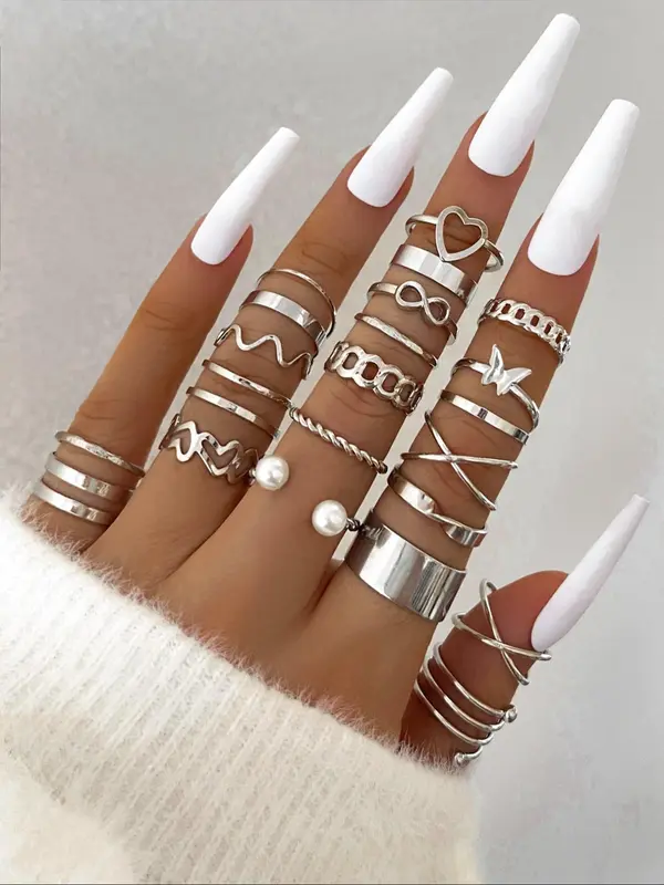 Fashion Elegant Geometric Stacking Ring, Hollow Out & Flower & Criss Cross & Heart Design Ring, Exquisite Jewelry for Women for Gift, with Box 5