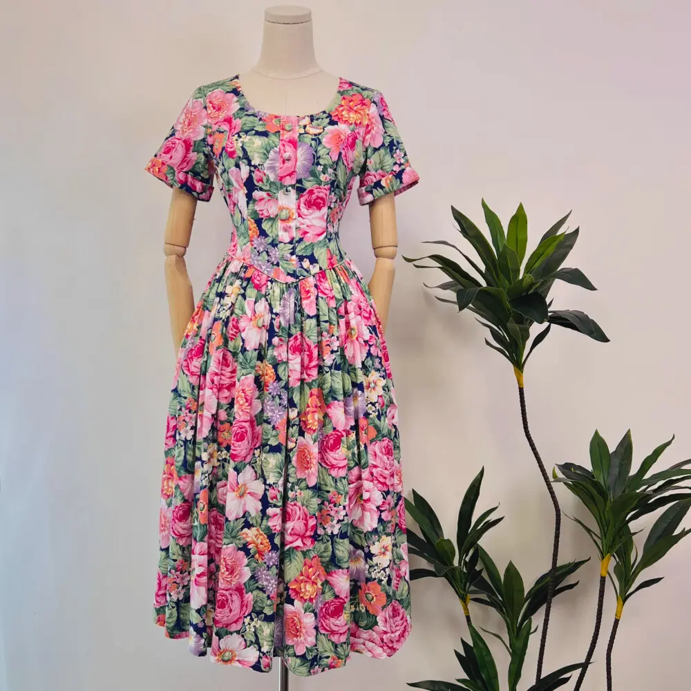 FADFAD Gaun midi berlipit klasik bermotif klasik slim fit bunga retro