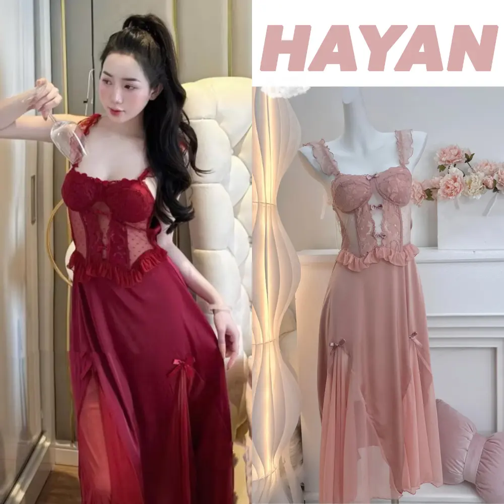 HT172 Váy ngủ sexy 2s cánh tiên dáng dài kèm ĐỆM LÓT,đồ ngủ lụa phối ren sang chảnh HT172