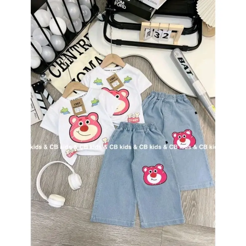 set bộ quần áo cho bé gái ,set áo cotton in hình gấu+ quần jean mềm hình gấu  cho bé gái từ 8-30kg