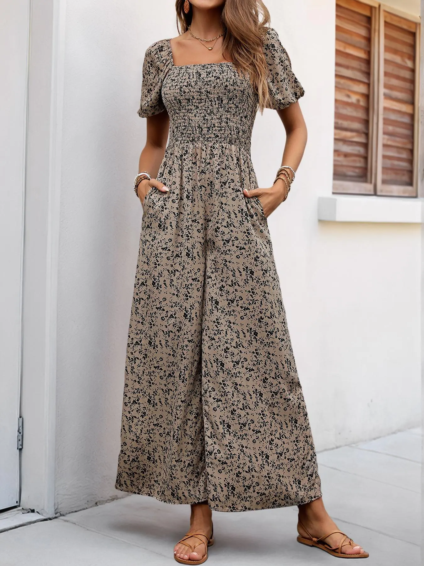 Women's All Over Print Bubble Sleeve Wide Leg Jumpsuit, Boho Fashion Casual Jumpsuit for Daily Holiday Vacation Wear, Ladies Clothes for Summer