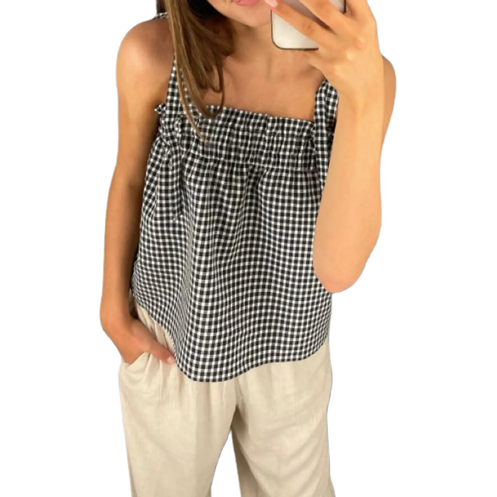 Women Y2k Gingham Tank Top Sleeveless Smocked Tank Tops Plaid Camisole Ruffle Hem Peplum Tops Summer Streetwear