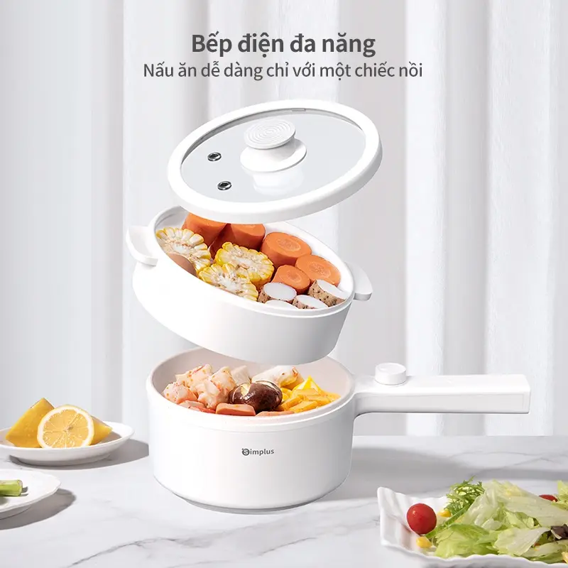 INSSA Nồi lẩu điện chống dính 1.5L đa chức năng, thích hợp cho 2-3 người, điều chỉnh nhiệt độ, tay cầm dài DZGH002 1