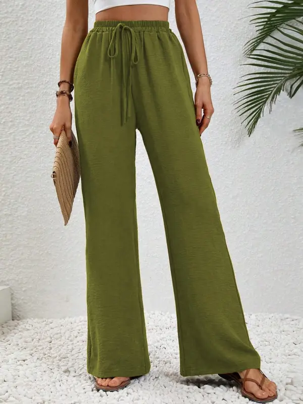 Women's Solid Color Pocket Wideleg Pants, Casual Loose Comfy Drawstring Waist Trousers for Summer, Women's Bottoms for Daily Wear, Womenswear, Wide Legged Pants, Casual Chic Bottoms, Casual Fashion Trousers 5