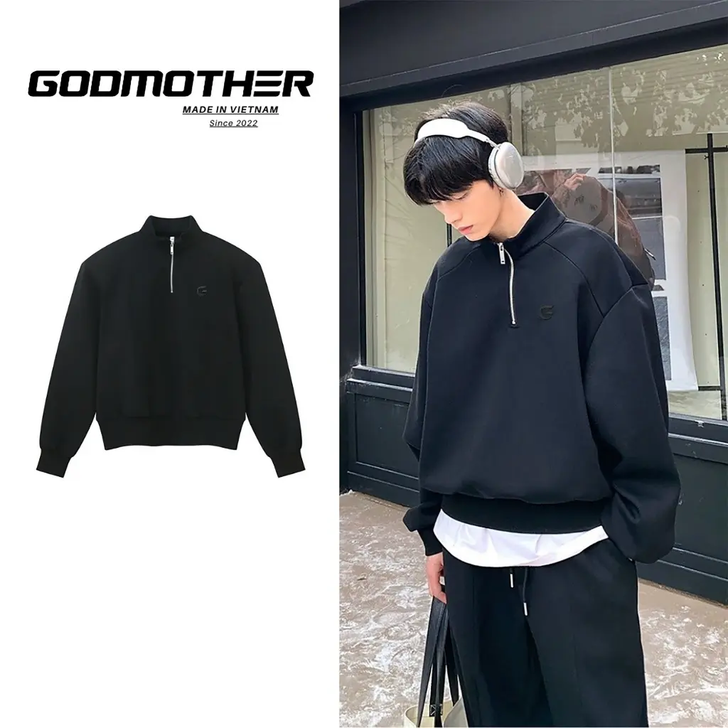 📣Free Ship📣  Áo Sweater Cổ Lọ GODMOTHER Vải Nỉ 2 Da Có Khoá Cổ Tay Dài Form Rộng Unisex Menswear Phong Cách Hàn Quốc Năng Động