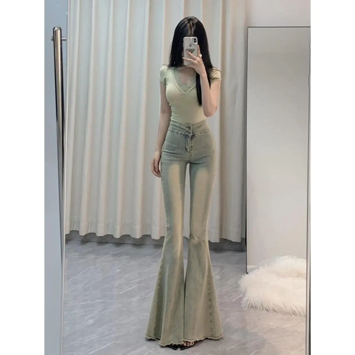 Quần Jean Cạp Cao Ống Loe, Phong Cách Mỹ, Dành Cho Nữ, Ngọt Ngào, Ngầu, Bán Chạy, Thích Hợp Cho Mùa Thu Và Mùa Đông, Hàng Mới Về, Co Giãn, Bó Sát, Thiết Kế Móng Ngựa Làm Cũ, Dài