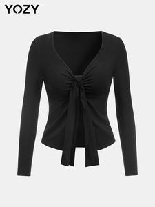 YOZY Women's Solid Tie Front Long Sleeve Tee, Casual Elegant V Neck Top for Daily Wear, Ladies Clothes for All Seasons