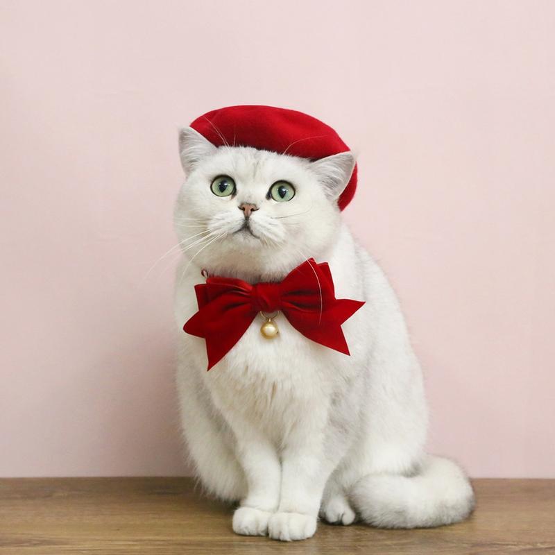 Pet Cat Dog Hat and Bow Collar Cute Soft Beret Adjustable Bow Collar Kitten Puppy Hat Collar Set Pet Accessories 8