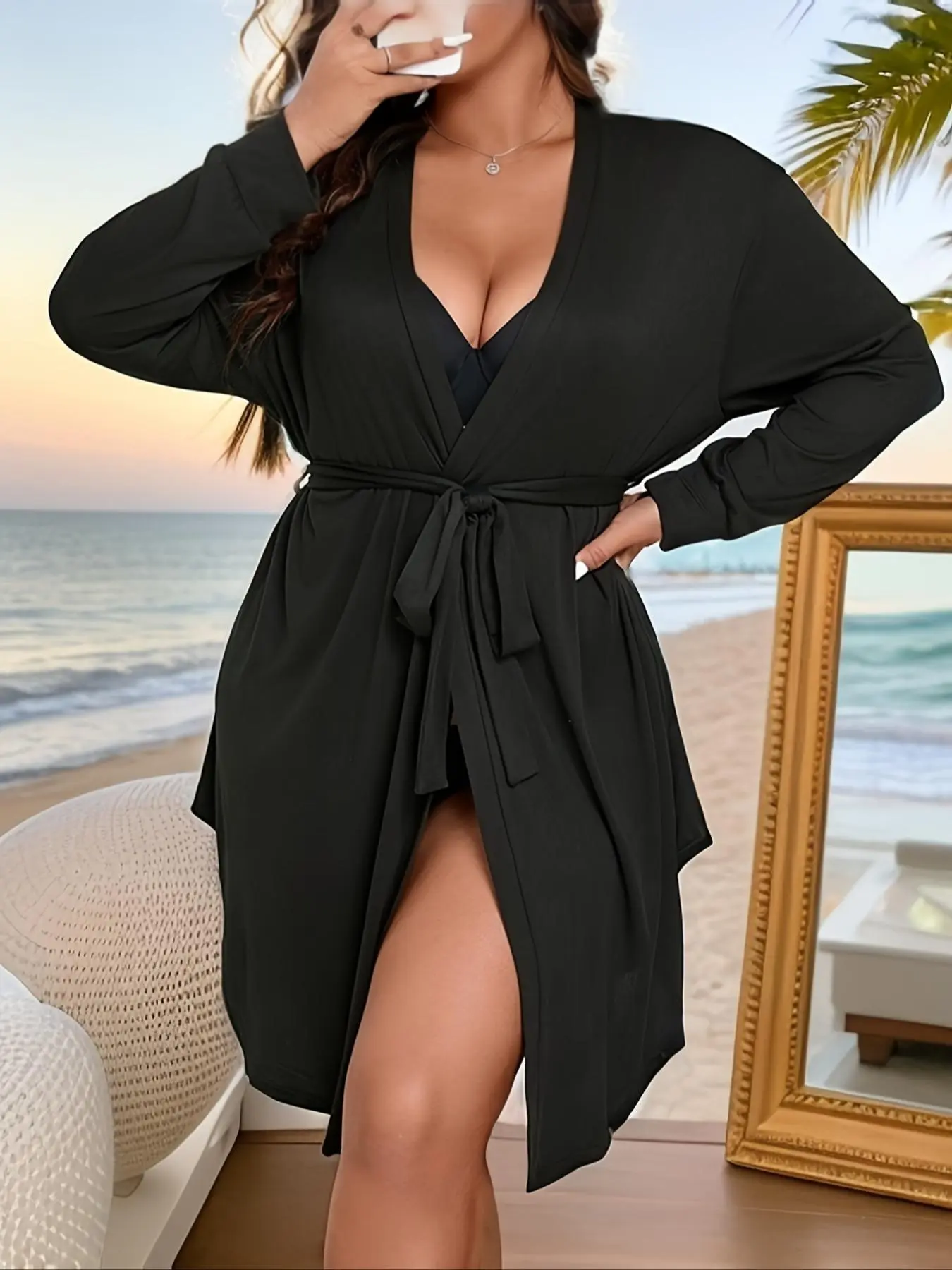 【Plus Size】 Solid Color Open Front Long Sleeve Lounge Robe, Casual Comfy Belted Dressing Gown for Women, Women's Sleepwear for All Seasons