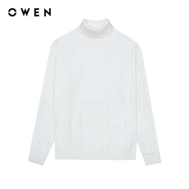OWEN - Áo len Chui đầu Cổ lọ Regular Fit ALC241291 màu Trắng chất liệu Acrylic Dài Tay Cotton Hoạ tiết Trơn Menswear