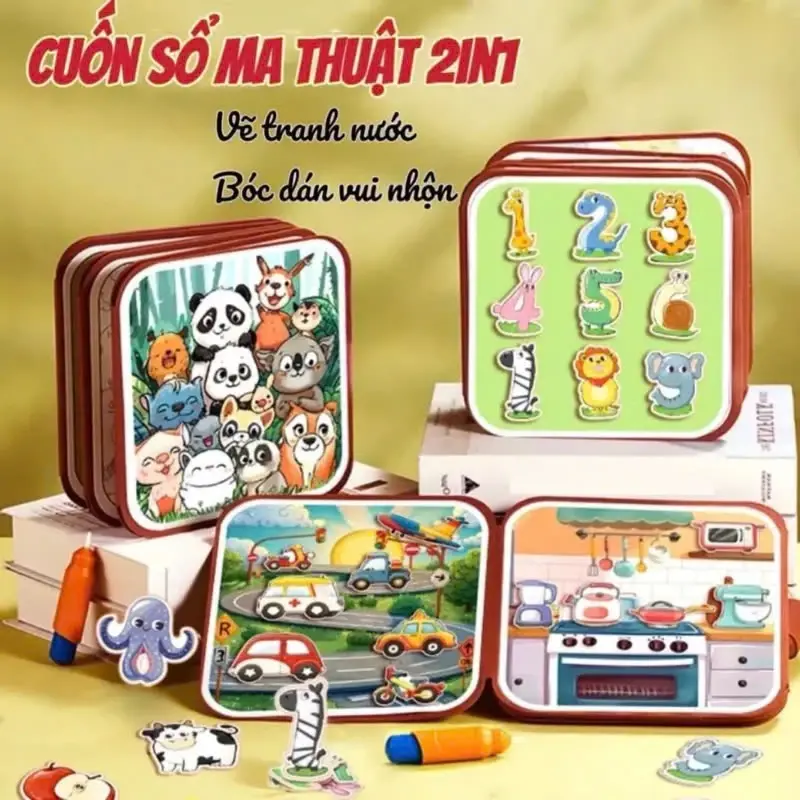 Đồ chơi cuốn sổ ma thuật Montessori vẽ tranh bằng nước kèm bóc dán thông minh tư duy cho bé