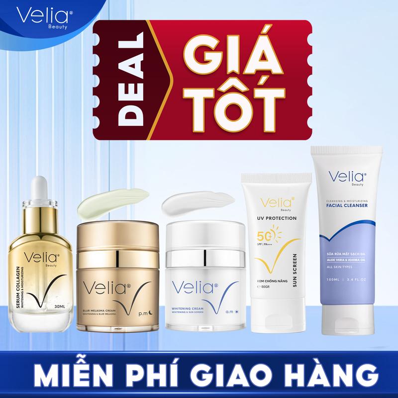 [ #50 DEAL GIÁ TỐT ] Bộ 05 Kem Nám, Kem Trắng Da, Sữa Rửa Mặt, Serum Collagen, Kem Chống Nắng VELIA Skincare