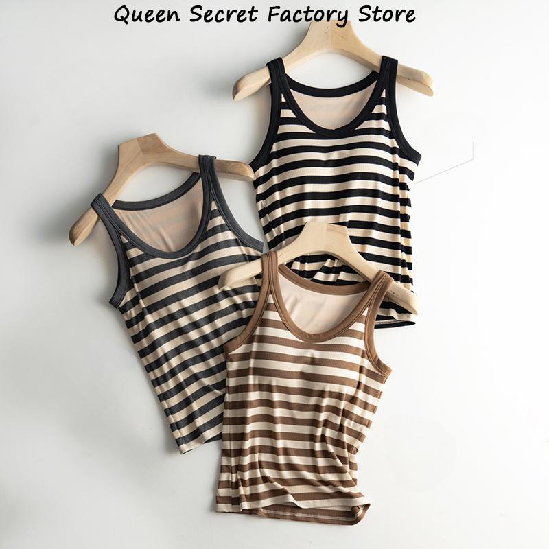 Áo Ba Lỗ Sọc Ôm Sát 2 Trong 1, Dành Cho Nữ, Có Đệm Ngực, Có Thể Mặc Ngoài Trời, Áo Không Tay Dệt Kim, Hàng Mới Về