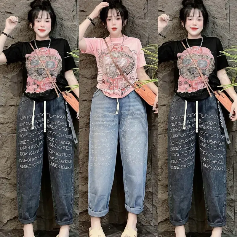 Sét Bộ Jean Áo Tay Ngắn In Hình Cún Mắt Kiếng Kèm Quần Jean Baggy Đính Đá,Phom 45-65kg Women Thun Kem Top Nhung