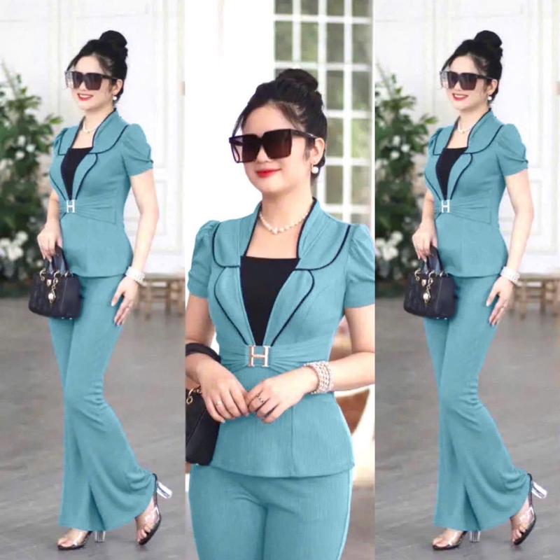 [H18] ĐỒ BỘ VẢI THUN XỐP ĐÍNH KÈM CHỬ H, DẠNG VEST ỐNG QUẦN LOE DÀI SANG TRỌNG Nữ setgiảvest nữ