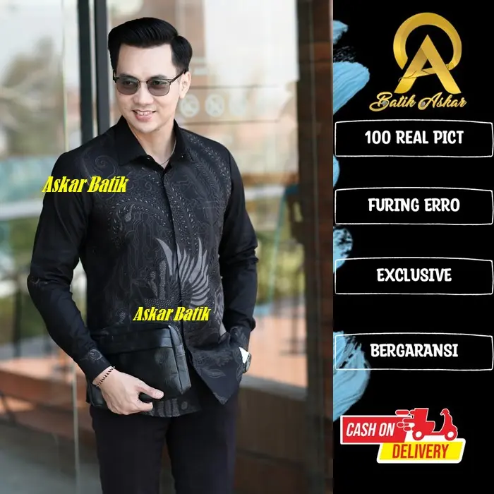 DEWANDARU Batik Pria Slimfit Lengan Panjang Elegant Modern Baju Heem Katun Lasem Premium Warna Hitam