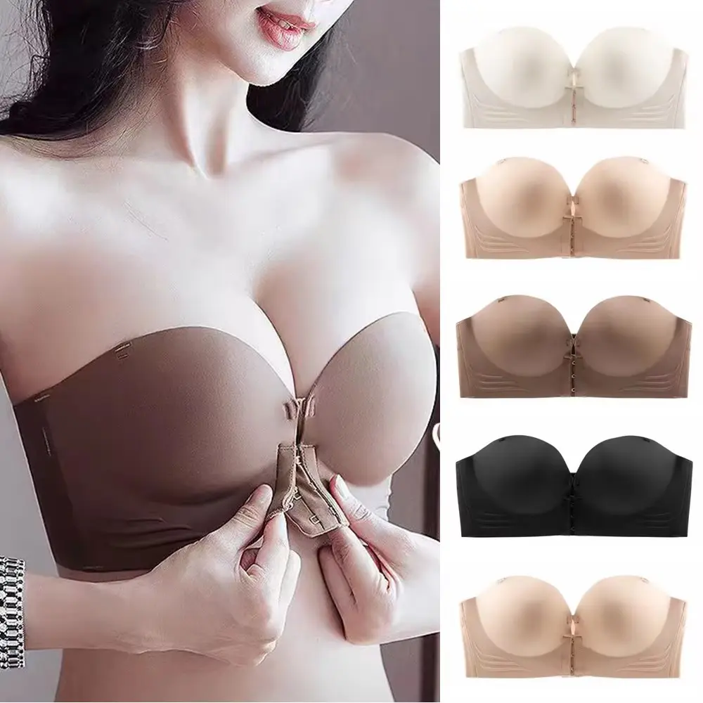 Front Buckle Bra Push Up Strapless Underwear Seamless Thickened Breathable Sponge Bra Anti Sagging Without Steel Ring For Ladies