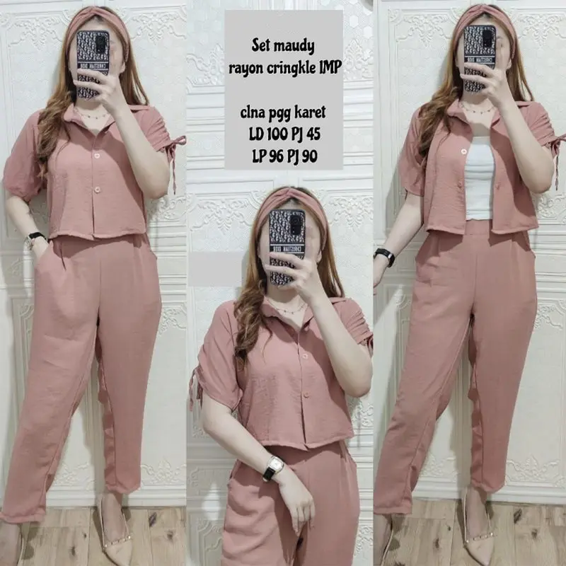 Oneset Kemeja Atasan Crop Wanita Setelan Katun Crinkle Tangan Serut Army 3