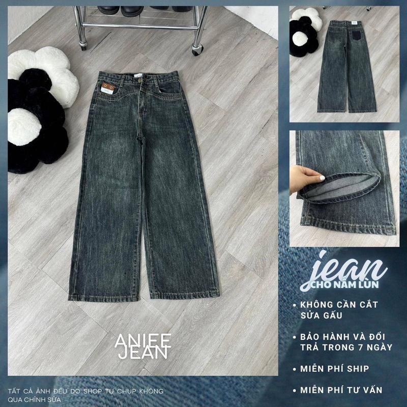 Quần jean ống suông nữ Aniee quần bò ống rộng vải denim cotton,không co dãn form dài,màu xám rêu dài 90cm | Suông túi cắt Women Voi quần jean nấm lùn