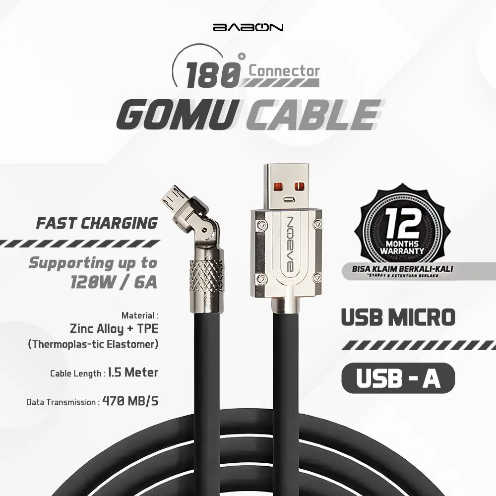 BABON KABEL DATA - KABEL CHARGER GOMU 180 USB TO MICRO Cable Ponsel