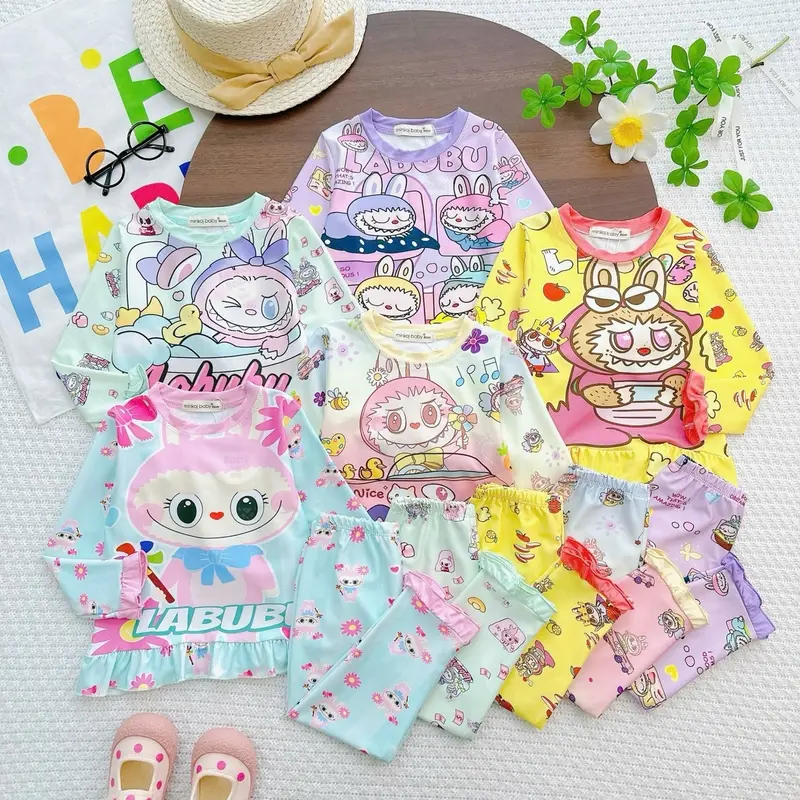 FREESHIP- Bộ Dài Tay Cho Bé Gái Thun Lạnh 3D MINKOJ BABY Cho Bé Từ 7-30kg In Hoạt Hình LABUBU Chất Co Giãn 4 chiều mềm 7