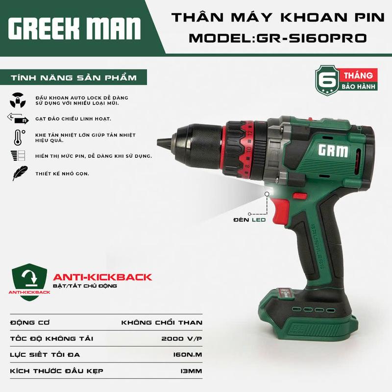   NEW  Thân MÁY KHOAN PIN 13MM Greekman S160 Động cơ không chổi than  Điện áp Pin: 21V   Lực siết: 160N.m   Tốc độ không tải: 0-2000 RPM 