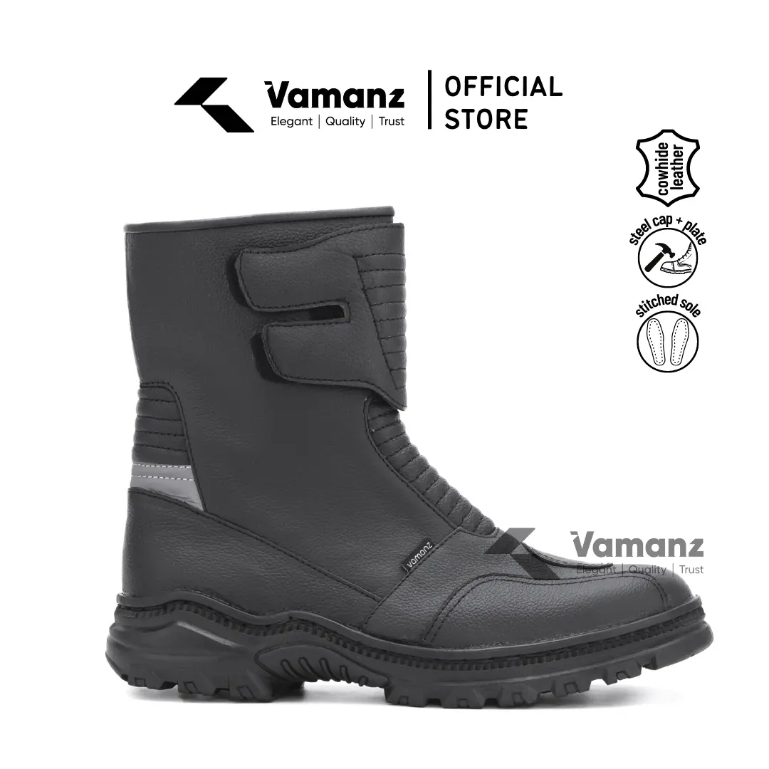 Vamanz Leather Original Steel Toe Safety Cowhide Leather Mid Cut Biker Boots Kasut Motor Kulit Besi