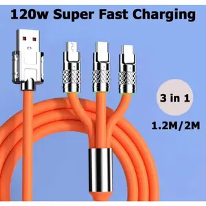 Kabel Data 3 in 1 120W Super Fast Charging USB ke Type C Micro Lightning 1.2M 2M