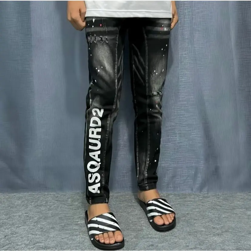 Quần dài jean nam DSQ đen 4 cúc wash 2 đáy in họa tiết co giãn phong cách thời trang cao cấp Menswear Pants Có Túi