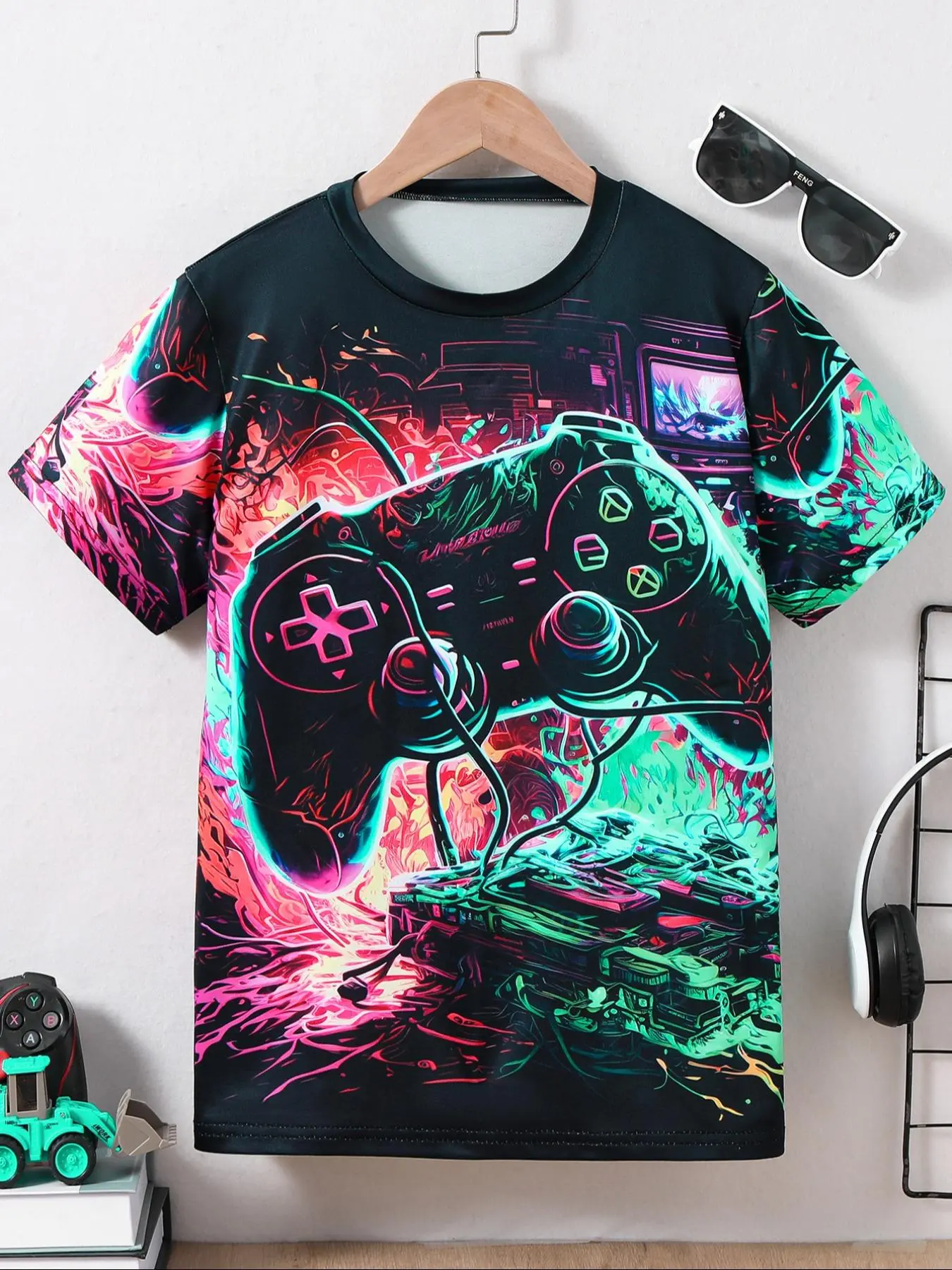Boy's All Over Print Round Neck Tee, Summer Outfits 2024, Gamepad Print Short Sleeve T-shirt for Summer, Boys Clothing, Casual Kids Clothes for Daily Wear